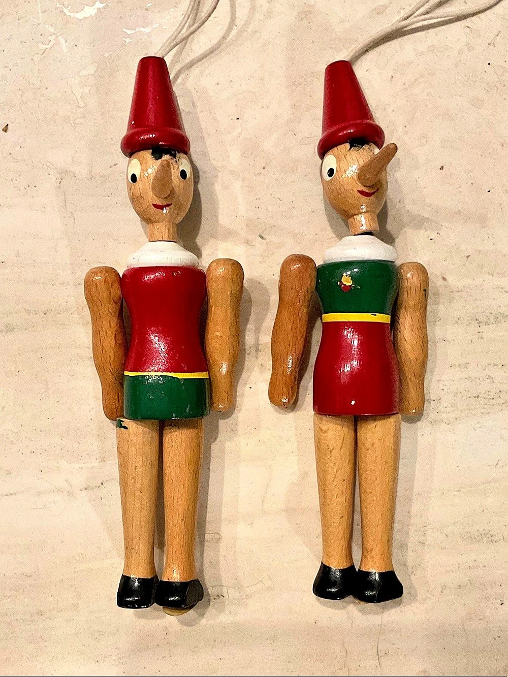 Vintage Italy Wooden Pinocchio Dolls Christmas Ornaments Lot Of 2 Xmas Ornament